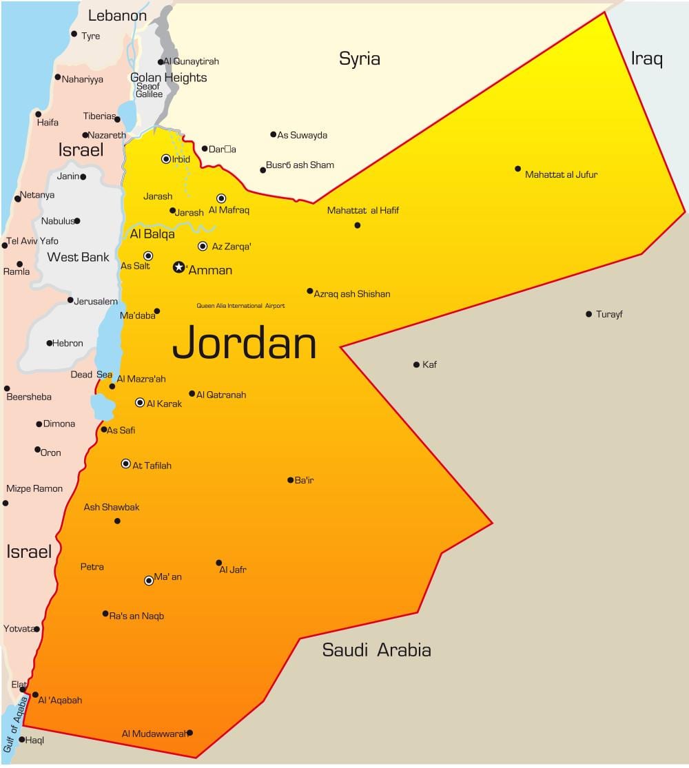 kort af Jordan mið-austurlöndum
